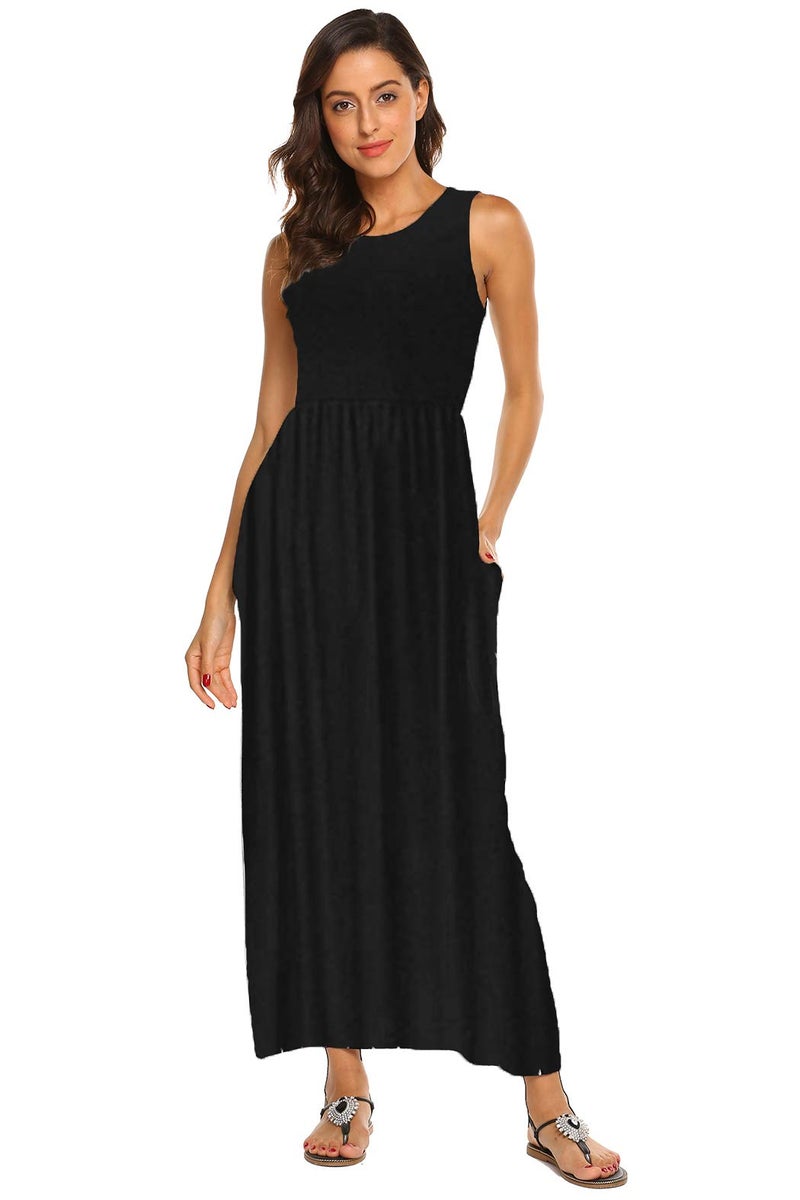 Hount Womens Summer Dresses Casual Sleeveless Long Maxi Sundresses with Pockets Solid Black X-Large - Image 1